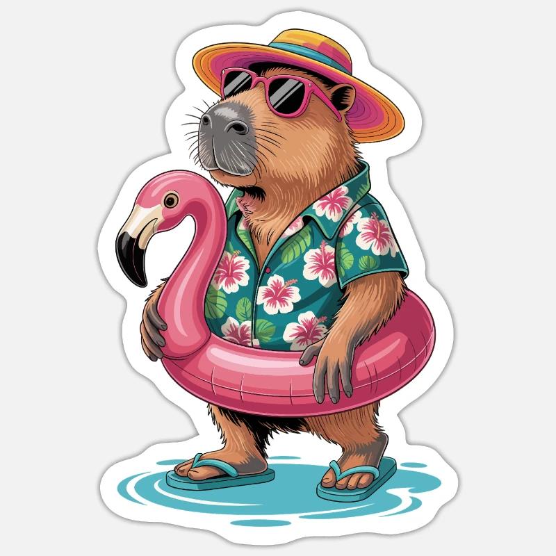 Capybara en vacances d’été - Sticker taille S (10 x 10 cm) - blanc mat