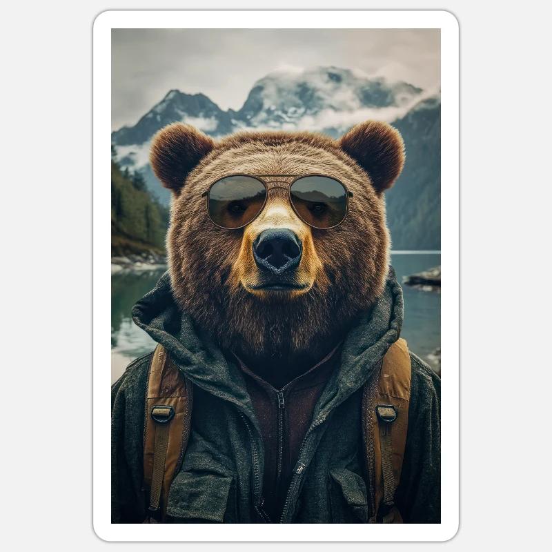 Cooler Wanderbär Entdecker - Sticker Größe S (10 x 10 cm) - Mattweiß