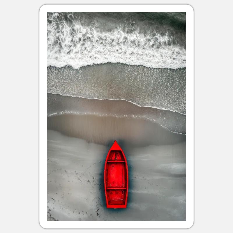 Rotes Boot am Grauen Ufer - Sticker Größe S (10 x 10 cm) - Mattweiß