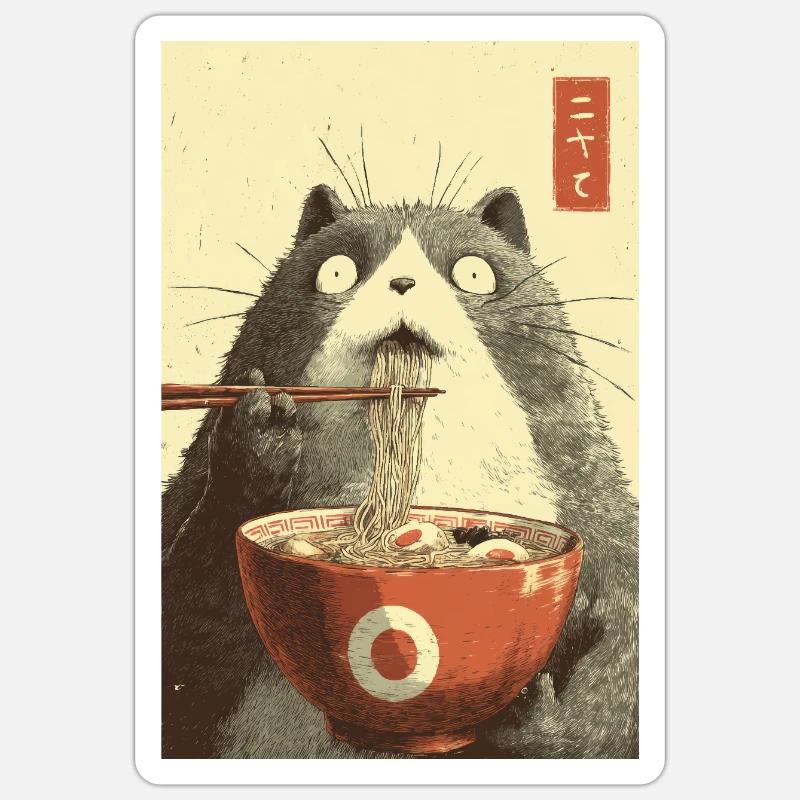 Chat choqué mangeant des ramen - Sticker taille S (10 x 10 cm) - blanc mat