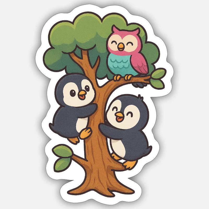 Pinguinbabys klettern auf einen Baum, Eule macht mit Sticker Größe S (10 x 10 cm)