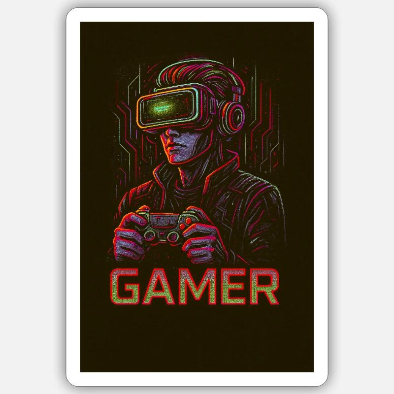 Neon Gamer Virtual Reality Bild - Sticker Größe S (10 x 10 cm) - Mattweiß