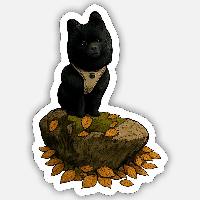 Chien Spitz Noir sur Un Tronc D’arbre - Sticker taille S (10 x 10 cm) - blanc mat