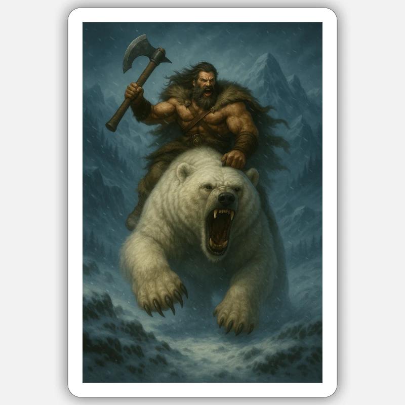 Wikingerkrieger auf Eisbär – Fa-Illustration - Sticker Größe S (10 x 10 cm) - Mattweiß