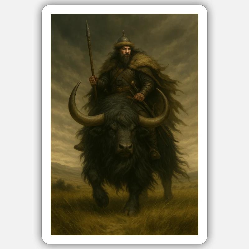 Uralter Krieger auf einem mächtigen schwarzen Yak - Sticker Größe S (10 x 10 cm) - Mattweiß