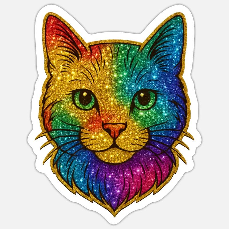 Rainbow Cat Head Glitter - Sticker size S (10 x 10 cm) - white matte