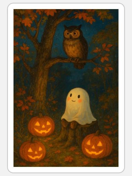 Gespenst und Eule im Herbst - Sticker Größe S (10 x 10 cm) - Mattweiß