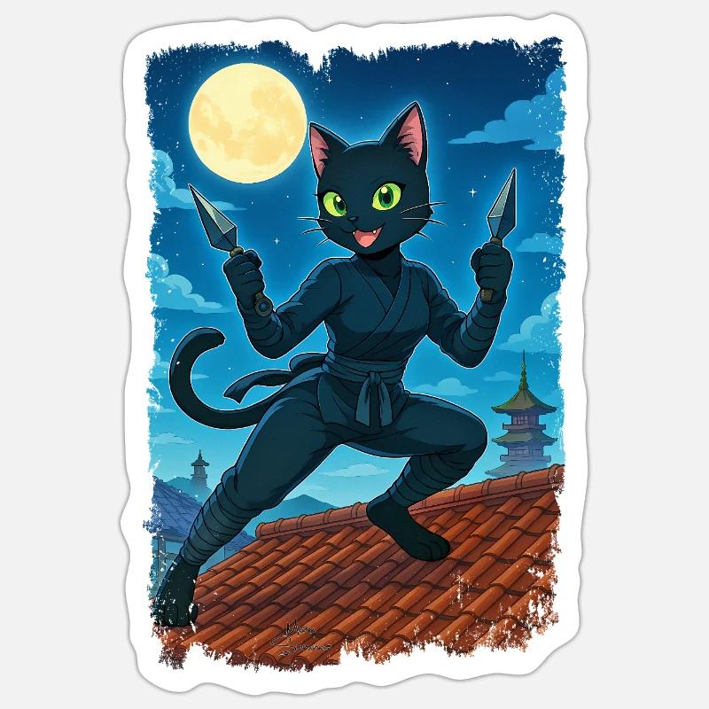 Chat ninja de la lune - Sticker taille S (10 x 10 cm) - blanc mat