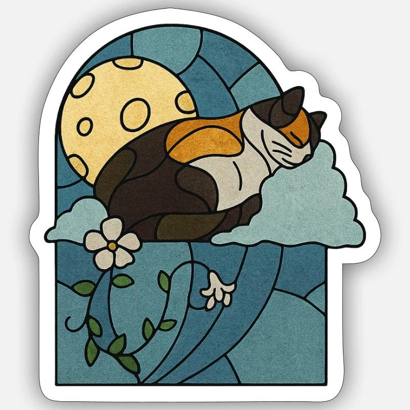 Chat endormi dans un vitrail - Sticker taille S (10 x 10 cm) - blanc mat