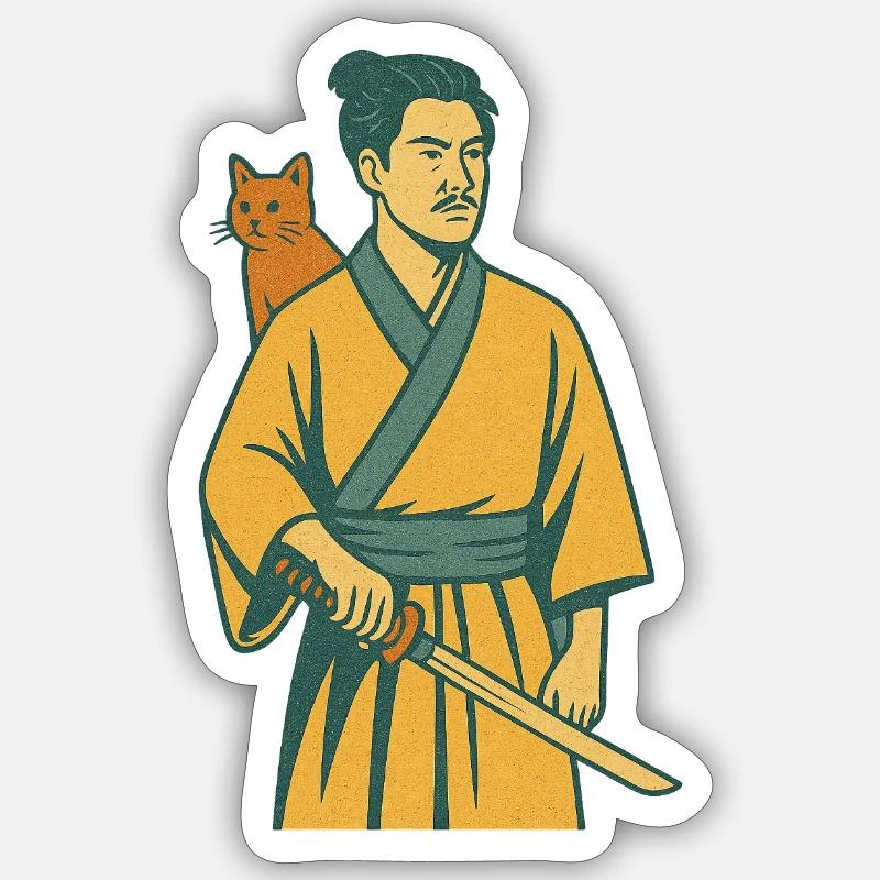 Samurai with Cat - Sticker Größe S (10 x 10 cm) - Mattweiß