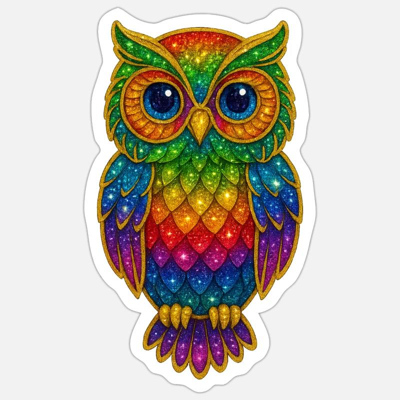 Regenbogen Eulen Glitzerkunst Sticker Größe S (10 x 10 cm)