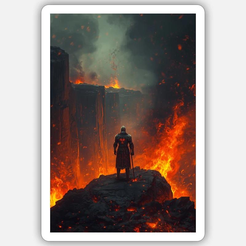 Flammender Ritter am Lavafeld - Sticker Größe S (10 x 10 cm) - Mattweiß