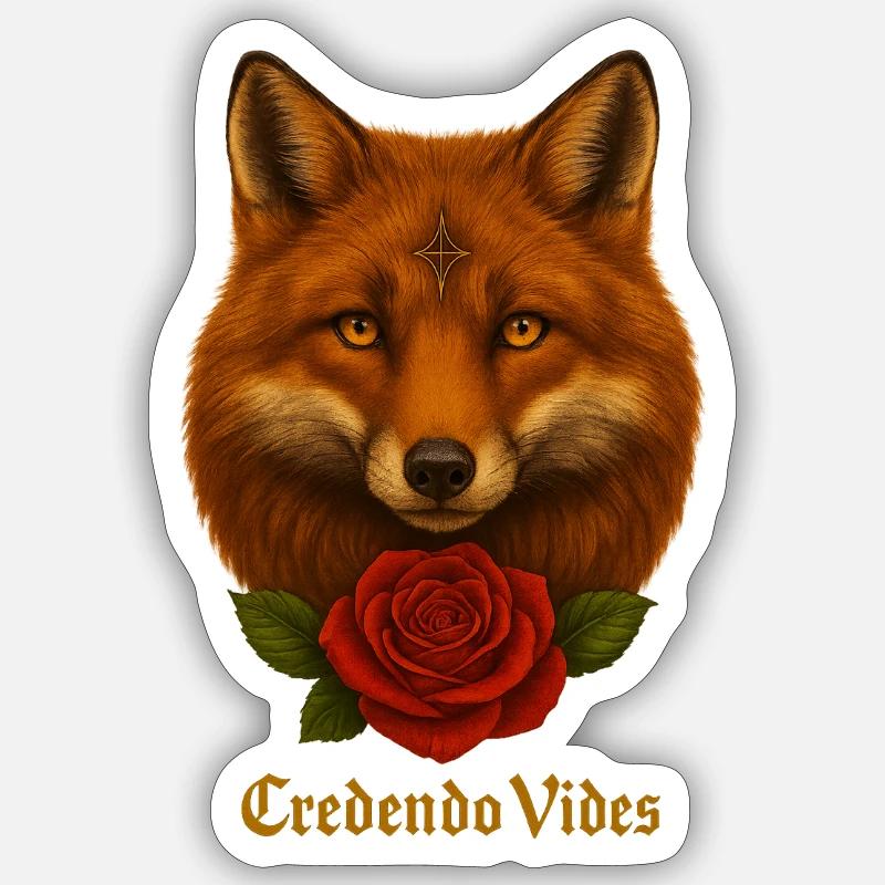 Fuchs mit Rose - Credendo Vides - Sticker Größe S (10 x 10 cm) - Mattweiß