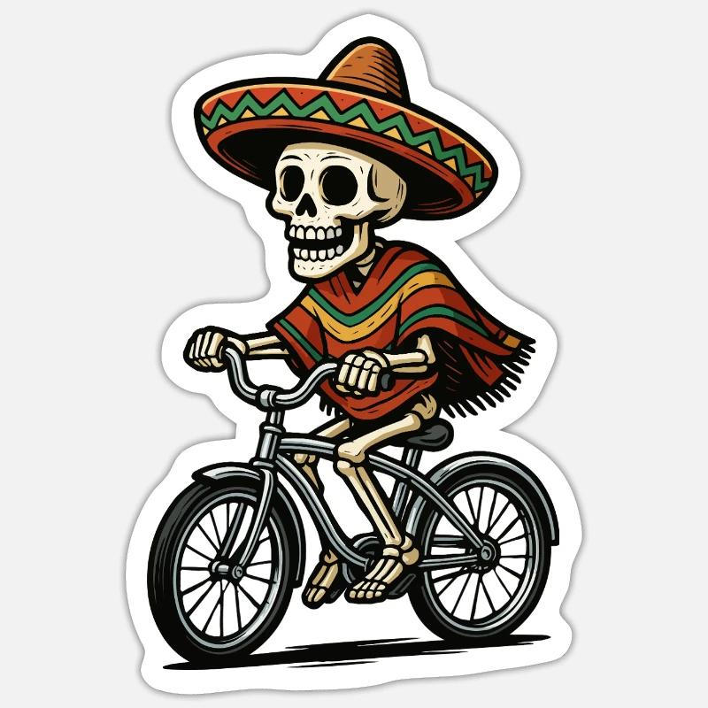 Skeleton on Bicycle in Sombrero - Sticker size S (10 x 10 cm) - white matte