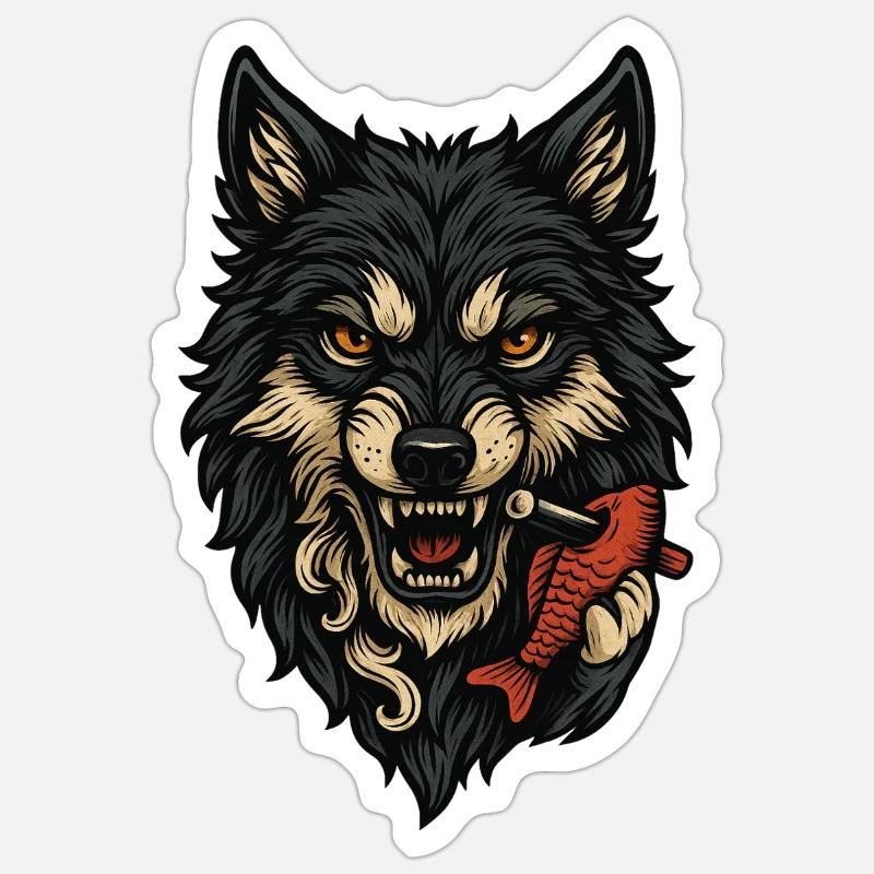 Wild wolf face with bone Sticker size S (10 x 10 cm)