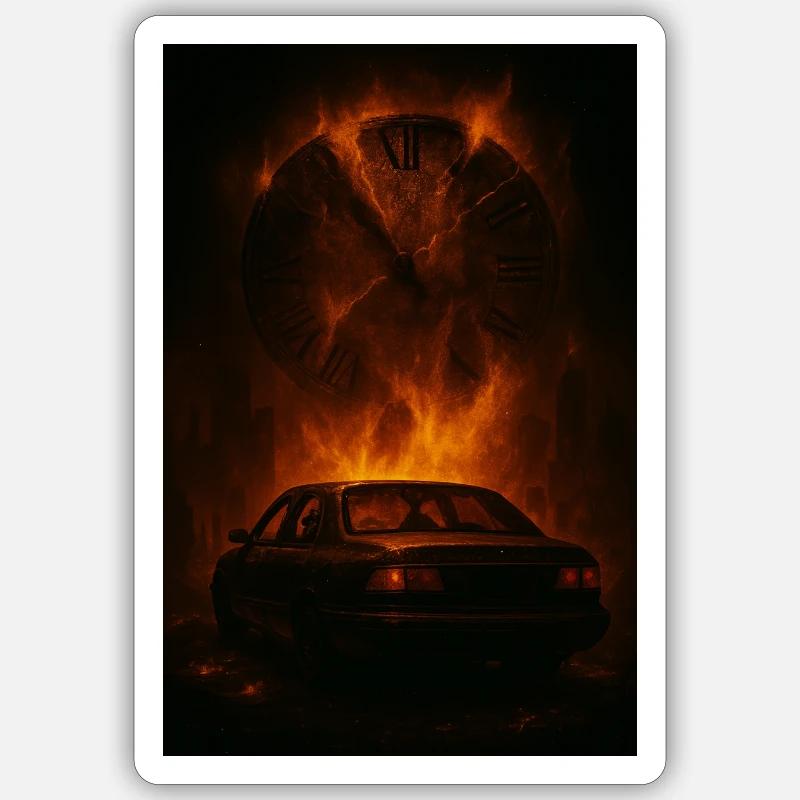Zerfetzte Zeit: Auto im Feuer - Sticker Größe S (10 x 10 cm) - Mattweiß