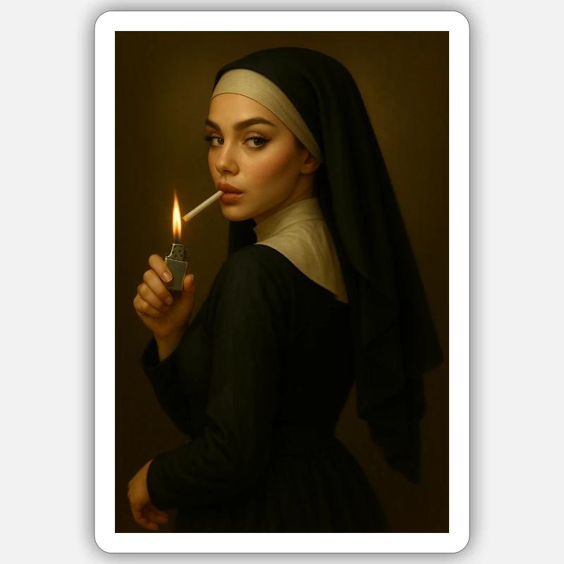 Nun with lighter - Sticker size S (10 x 10 cm) - white matte