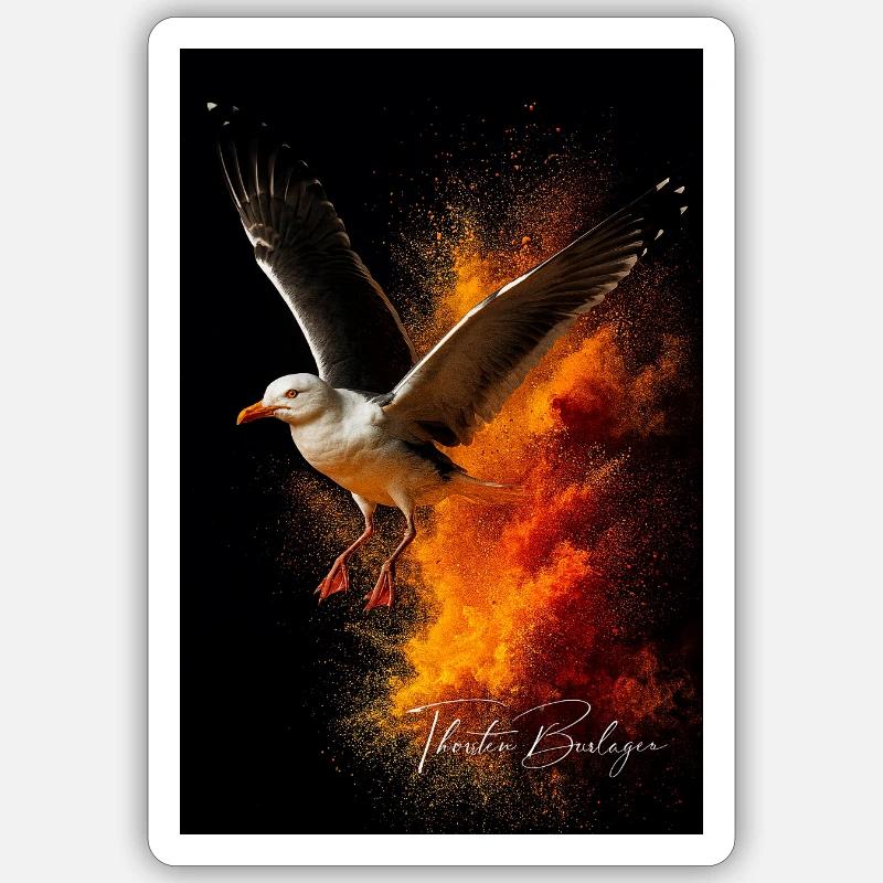 Vol de mouette devant la poussière de feu Sticker taille S (10 x 10 cm)