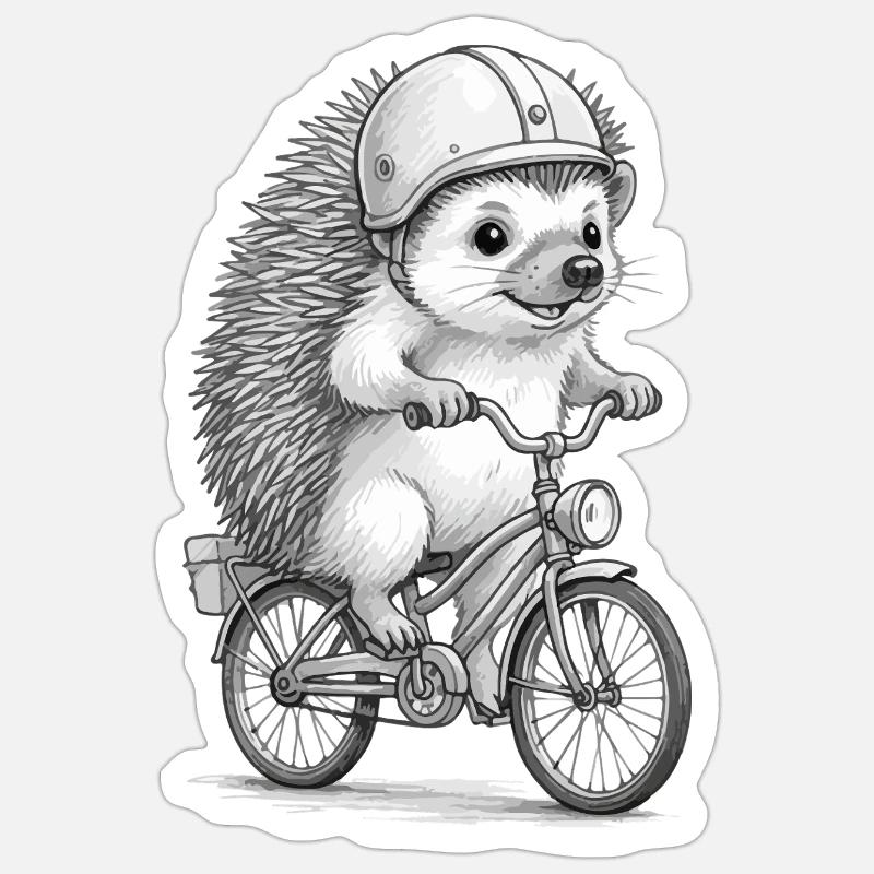 Cavalier hérisson sur un vélo vintage - Sticker taille S (10 x 10 cm) - blanc mat