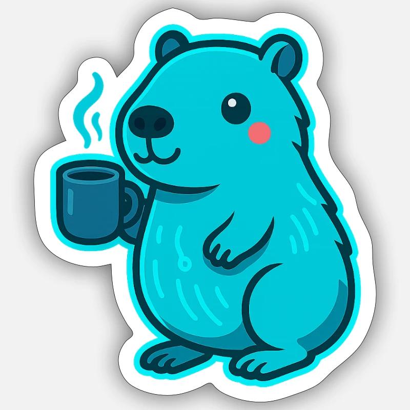 Blauer Capybara mit Kaffee - Sticker Größe S (10 x 10 cm) - Mattweiß