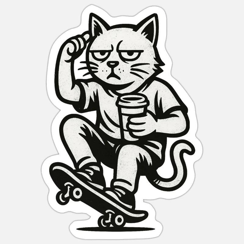 Grim Skate Cat - Sticker taille S (10 x 10 cm) - blanc mat