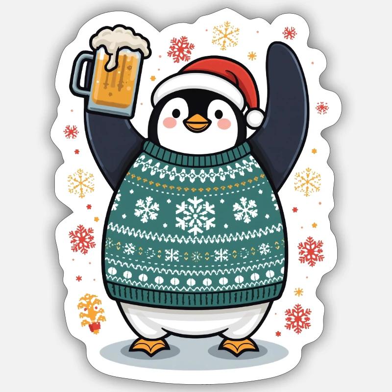 Pingouin festif en pullover - Sticker taille S (10 x 10 cm) - blanc mat