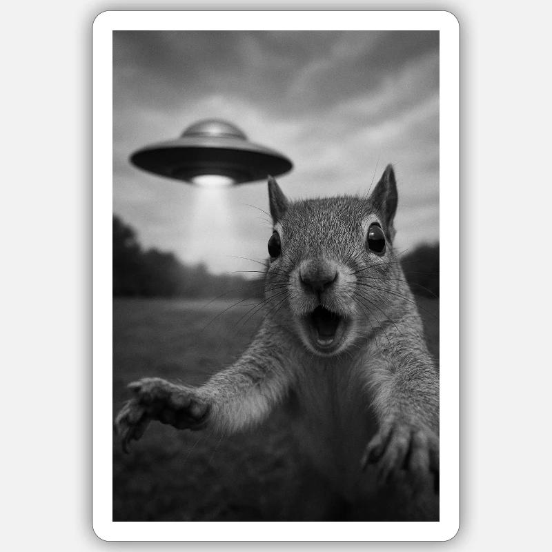 UFO Eichhörnchen Begegnung - Sticker Größe S (10 x 10 cm) - Mattweiß