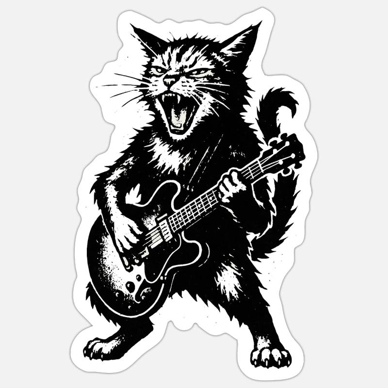Wütige Katze mit E-Gitarre - Sticker Größe S (10 x 10 cm) - Mattweiß
