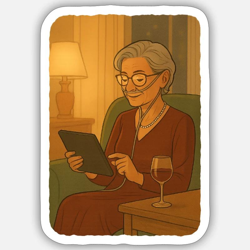 Seniorin mit Tablet im Wohnzimmer - Sticker Größe S (10 x 10 cm) - Mattweiß