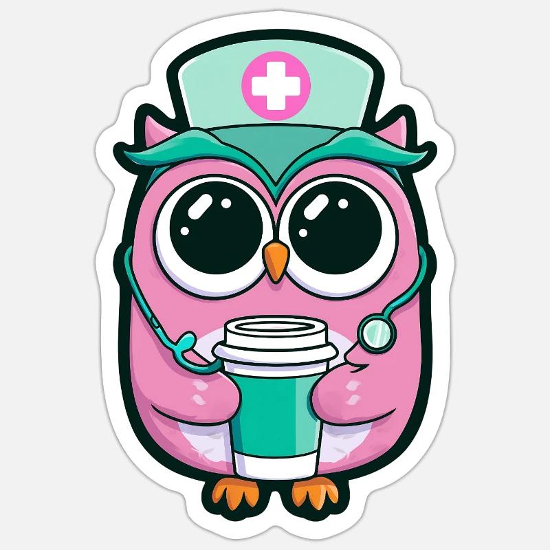 Kawaii Krankenschwester Eule Kaffee - Sticker Größe S (10 x 10 cm) - Mattweiß