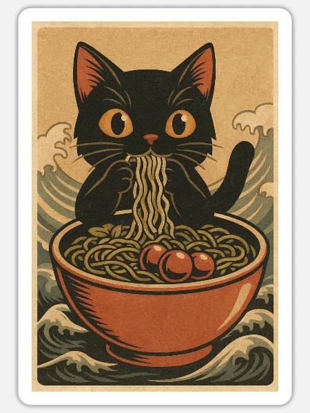 Katzennudelschüssel in den Wellen des Meeres, Katzen - Sticker Größe S (10 x 10 cm) - Mattweiß