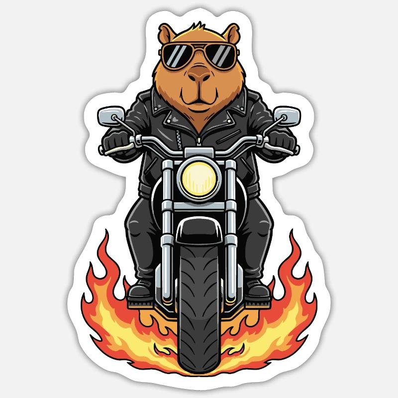 Cool Biker Capybara Motorradflammen - Sticker Größe S (10 x 10 cm) - Mattweiß