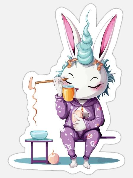 Einhorn im Pyjama Kaffeezauber - Sticker Größe S (10 x 10 cm) - Mattweiß