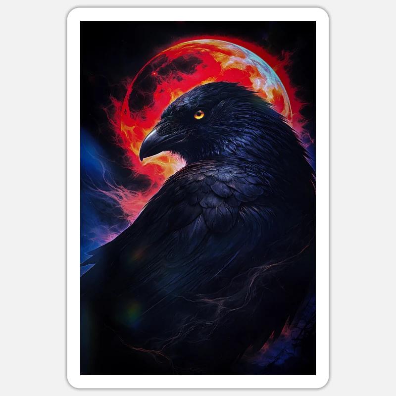Corbeau devant la lune de feu Sticker taille S (10 x 10 cm)