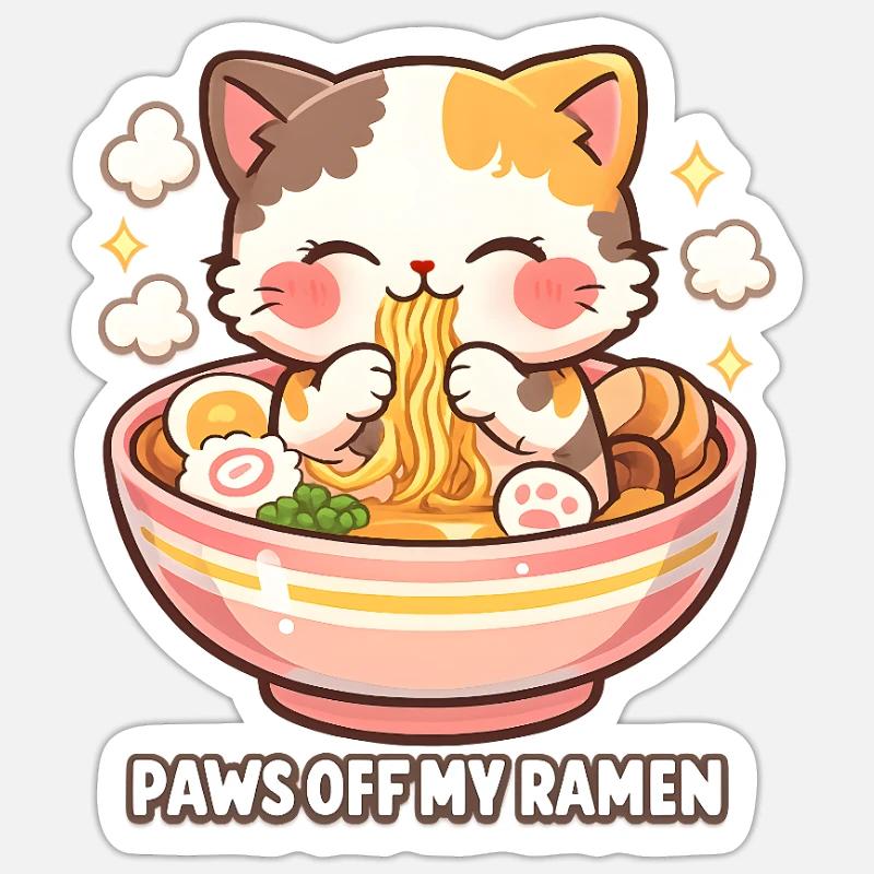 Ramen Chat Pattes Éloignées - Sticker taille S (10 x 10 cm) - blanc mat