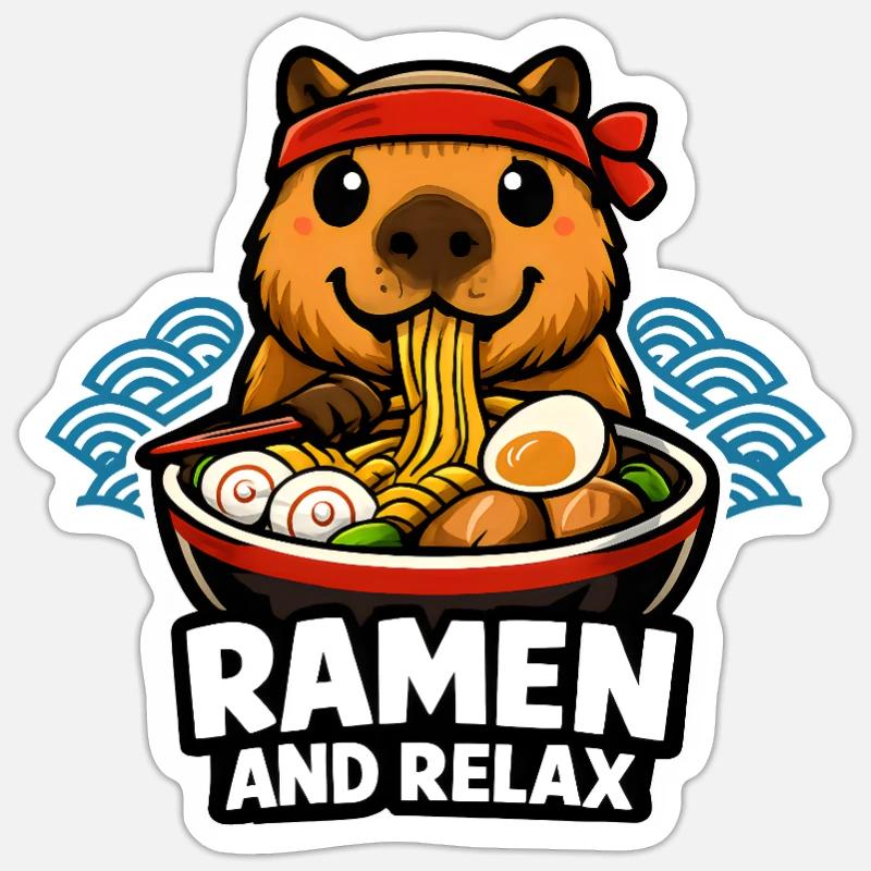 Ramen et capybara relaxant - Sticker taille S (10 x 10 cm) - blanc mat
