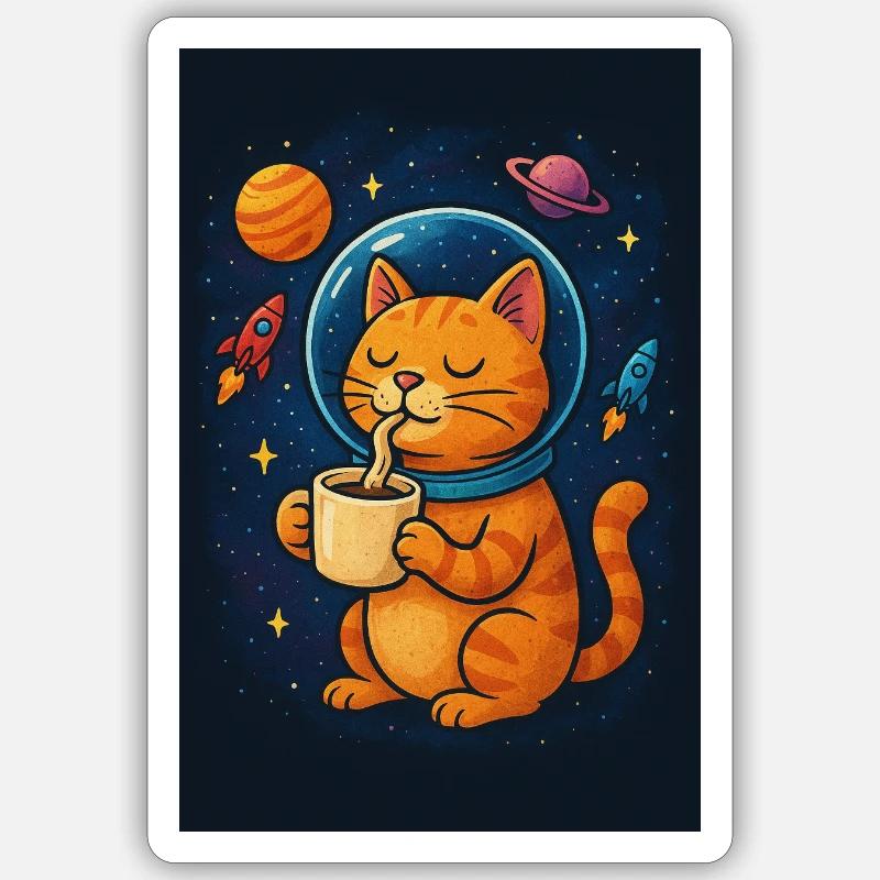Cat in spacesuit drinking coffee - Sticker size S (10 x 10 cm) - white matte
