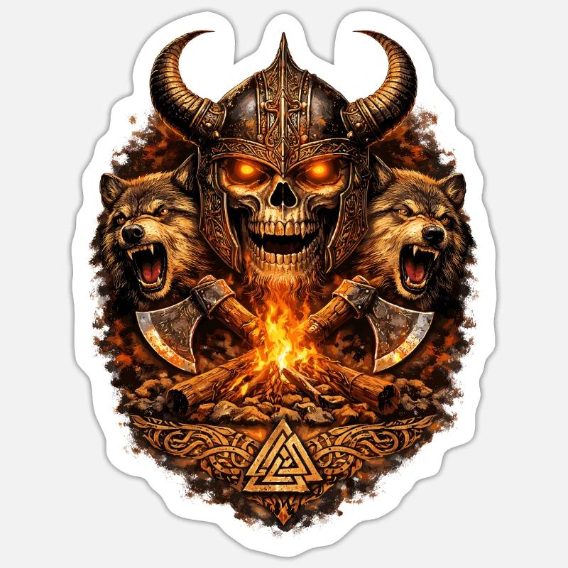 Vikingenschädel Feuerkampf - Sticker Größe S (10 x 10 cm) - Mattweiß