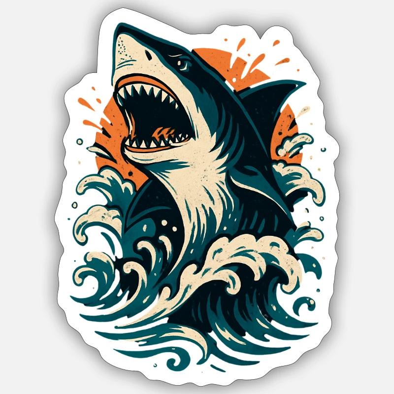 Shark roars through orange waves - Sticker size S (10 x 10 cm) - white matte
