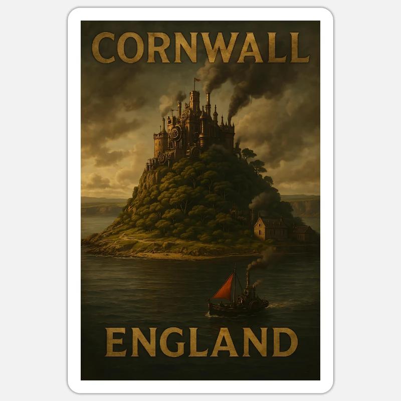 Cornwall Angleterre – Affiche de voyage Steampunk Sticker taille S (10 x 10 cm)