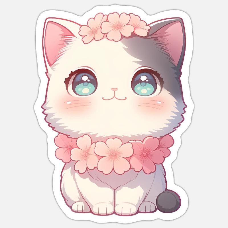 Couronne de fleurs de sakura en chat blanc de Kawaii style chibi Sticker taille S (10 x 10 cm)