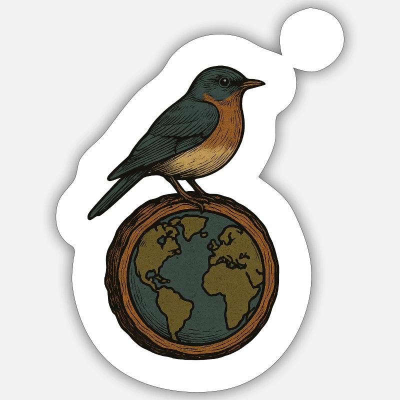 Robin sur World Globe - Sticker taille S (10 x 10 cm) - blanc mat