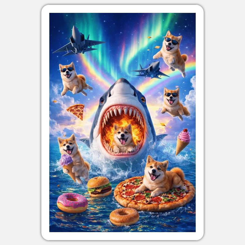 Requin avec pizza et chiens de l’espace Sticker taille S (10 x 10 cm)