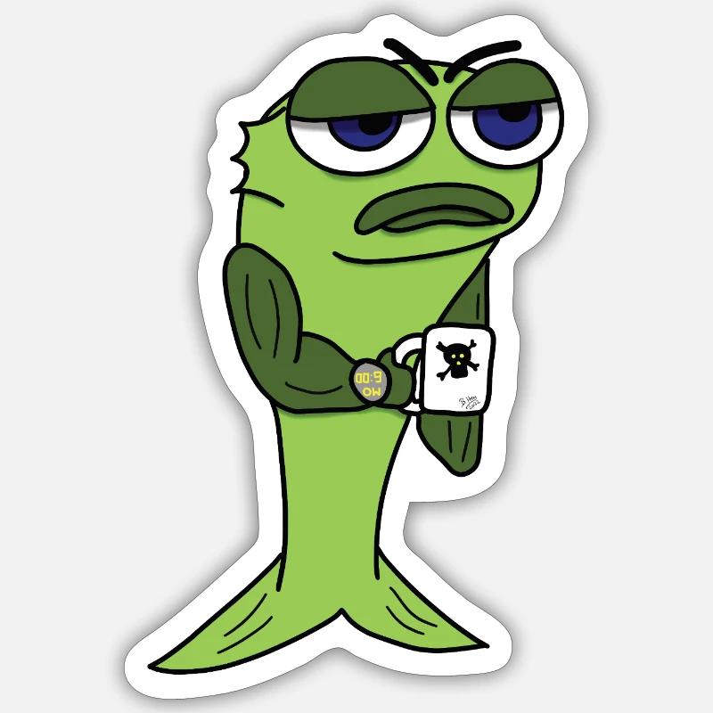 Tired fish with coffee cup Sticker size S (10 x 10 cm)