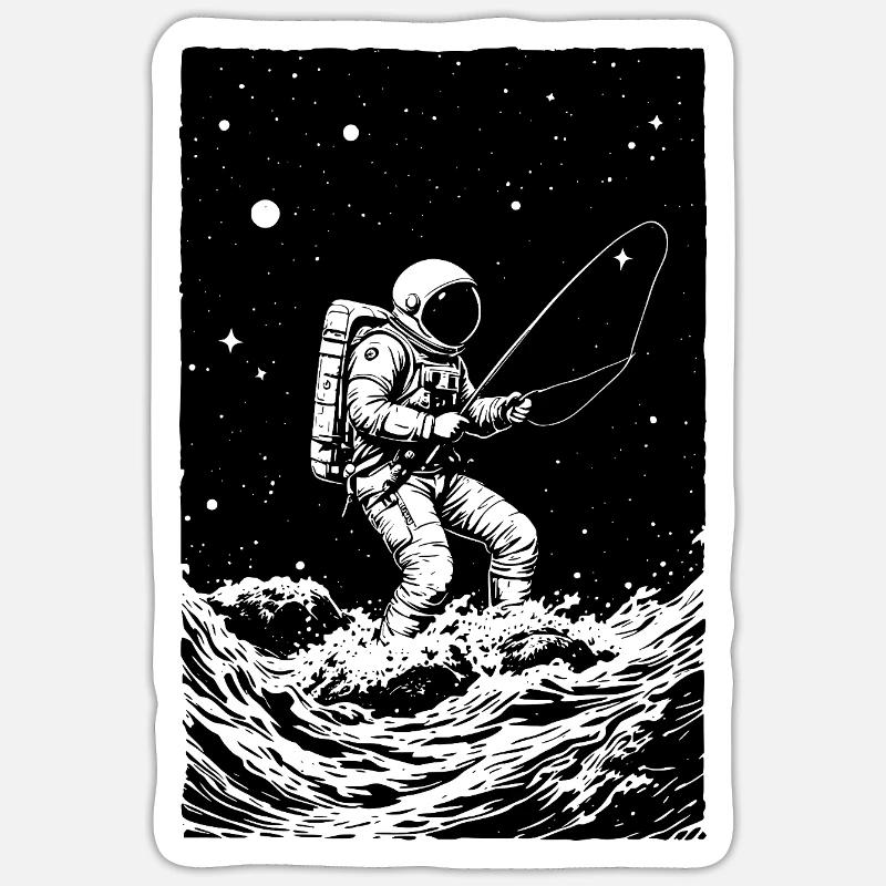 La pêche des astronautes dans l’espace - Sticker taille S (10 x 10 cm) - blanc mat