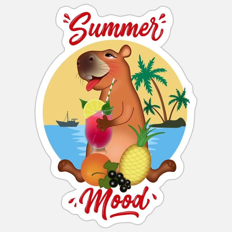 Capybara en vacances - Sticker taille S (10 x 10 cm) - blanc mat