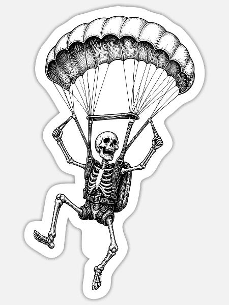 Skelett mit Fallschirm Abenteuer Motiv - Sticker Größe S (10 x 10 cm) - Mattweiß