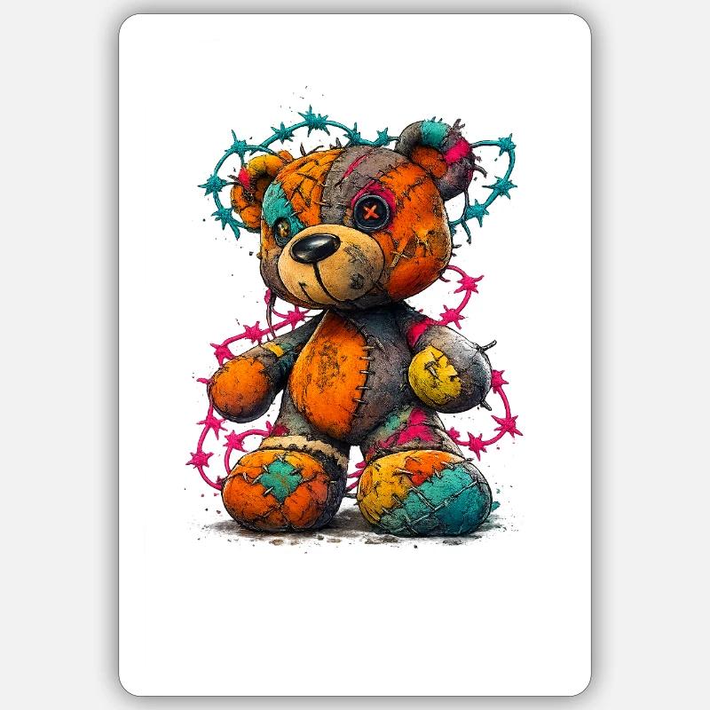 Patchwork Teddybär mit Neonfäden - Sticker Größe S (10 x 10 cm) - Mattweiß