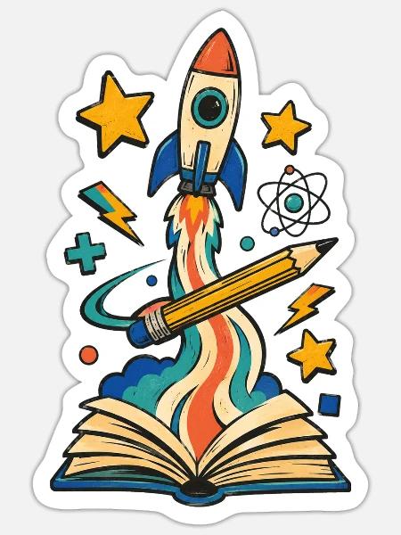 Schulstart Rakete aus Buch mit Bleistift - Sticker Größe S (10 x 10 cm) - Mattweiß
