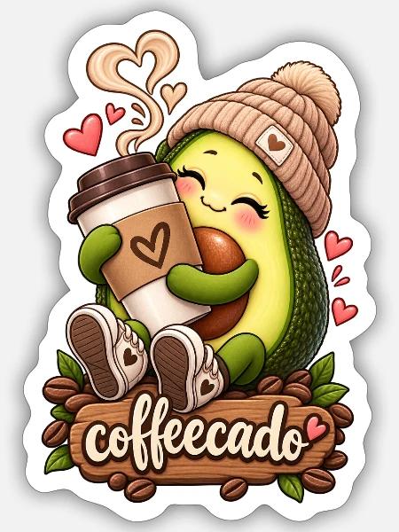 Avocado-Kaffee-Kuschel: coffeecado - Sticker Größe S (10 x 10 cm) - Mattweiß